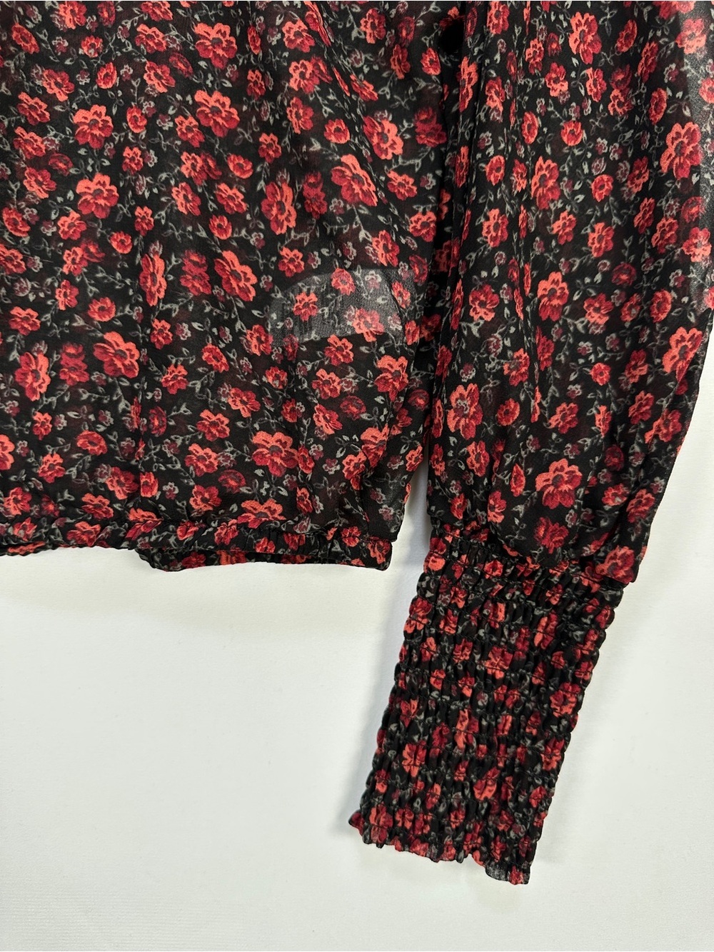 Dynamite Sheer Floral Blouse Black Red High Neck Long Sleeve Size S Whimsigoth - Picture 3 of 6